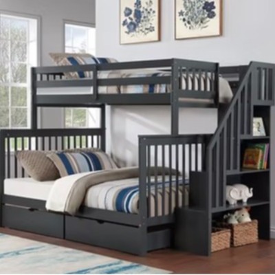 WOODEN BUNK T/F STAIRCASE SHELVES - GREY (NO STORAGE)